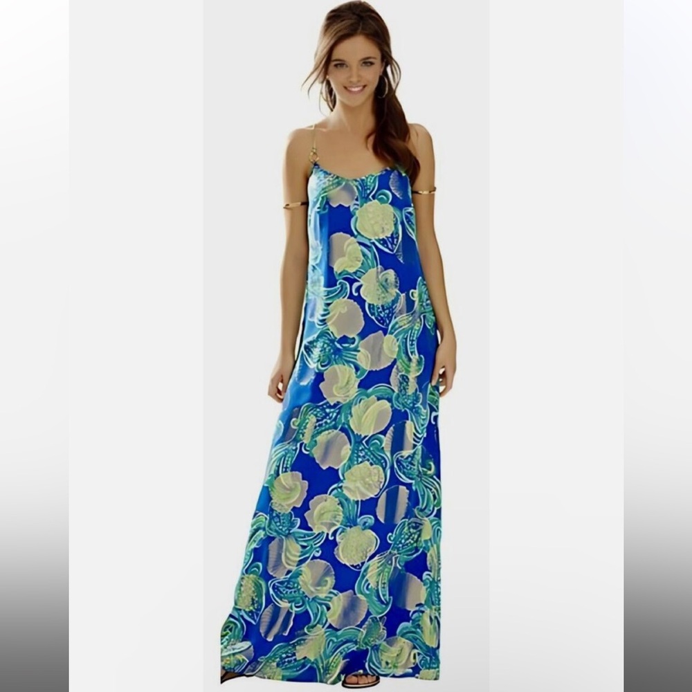 (M) Lilly Pulitzer Dusk Maxi Dress She Got Sole Blue Crush Medium Metallic Silk